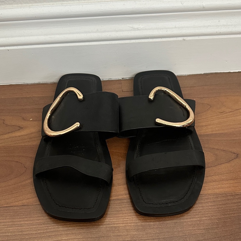 MNG Elegant Black Slide Sandals with Gold Accent